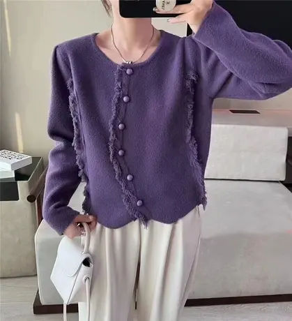 紫色不规则针织开衫女早春设计感小众别致独特休闲毛衣短外套上衣商品大图