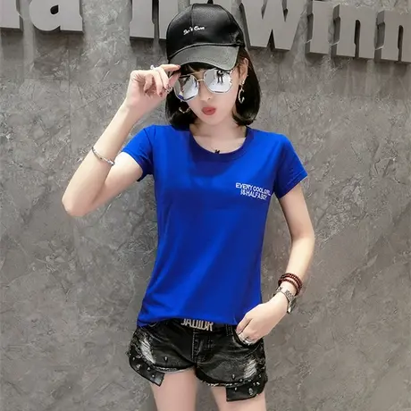 字母刺绣T恤女短袖2023春夏新款欧货潮修身显瘦上衣简约纯棉体恤商品大图