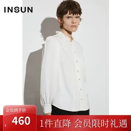 恩裳COVER2023年春款新款前幅精致花边拼接白衬衫木耳边领口衬衣图片