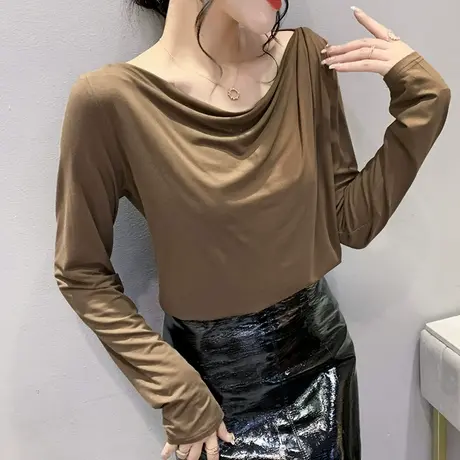 气质一字肩长袖T恤女士春秋2023新款纯色百搭垂感上衣显瘦打底衫图片