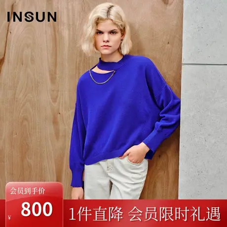 恩裳2023秋装新款时尚镂空设计套头毛衣五金链装饰优雅羊毛针织衫商品大图