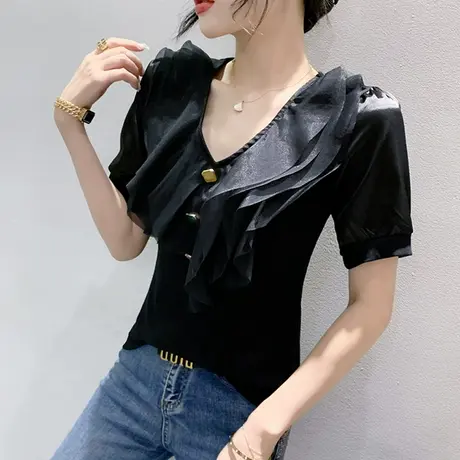 欧货设计感荷叶边T恤女短袖2023夏季新款V领时尚小衫网纱拼接上衣商品大图