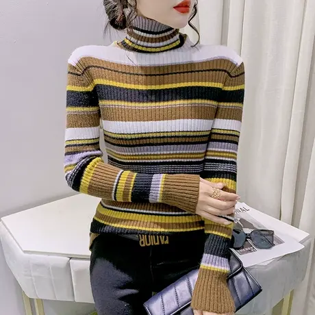 加厚高领针织毛衣女秋冬2023新款时尚条纹打底衫内搭修身长袖上衣图片