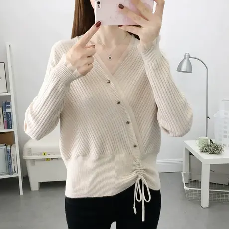 2023年秋季新款蕾丝抽绳针织打底衫女短款长袖薄款修身毛衣百搭女商品大图