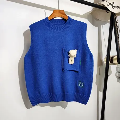 小熊针织马甲女春秋新款韩版宽松圆领套头学院风卡通毛衣背心外穿商品大图