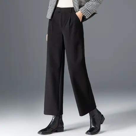 高腰黑色毛呢阔腿裤女秋冬2023新款宽松休闲九分裤妈妈裤子直筒裤商品大图