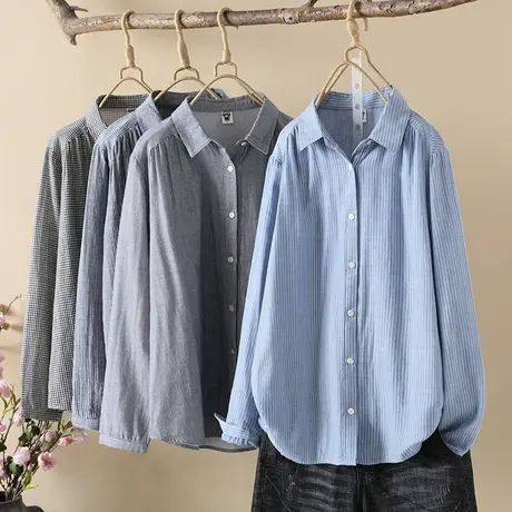 2023年秋季日系文艺简约双层棉纱长袖衬衫女宽松休闲条纹打底上衣商品大图