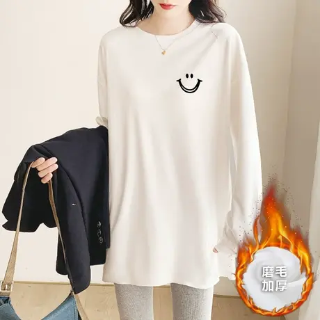 磨毛加厚中长款长袖t恤女2022年秋冬纯棉上衣减龄显瘦内搭打底衫商品大图