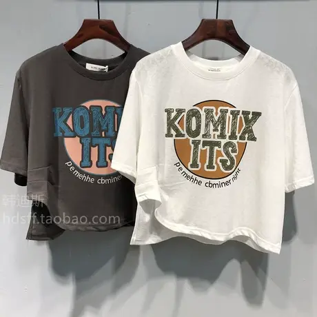 2023春夏韩国东大门新款做旧字母图案宽松单侧开叉短款T恤上衣女图片