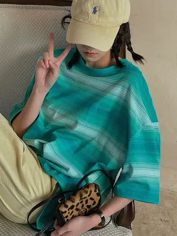 日系古着t恤少女感港味chic条纹短袖ins潮宽松设计感小众闺蜜夏季图片