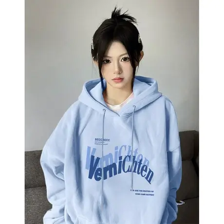 连帽卫衣女小众设计感春秋薄款国潮牌美式复古oversize慵懒风外套商品大图