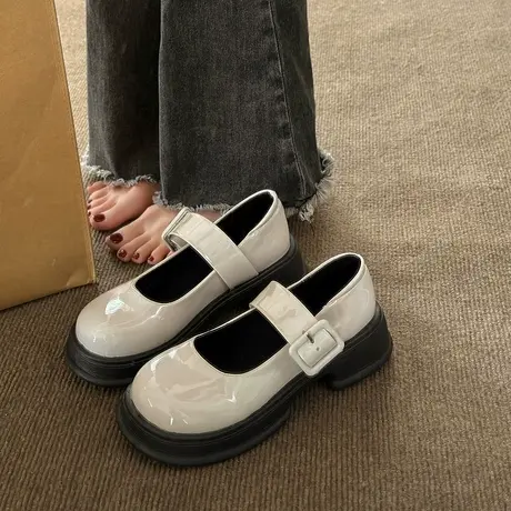 永希玛丽珍鞋女2023年春季新款粗跟学院风漆皮小皮鞋大头厚底单鞋商品大图