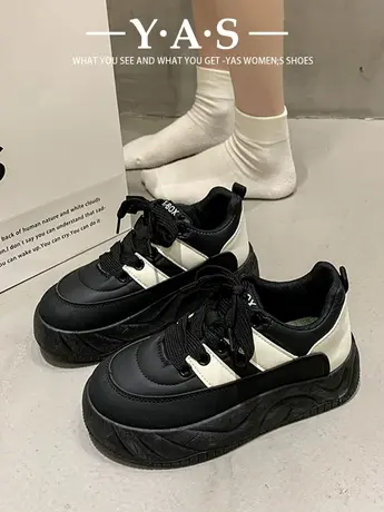厚底黑色老爹鞋女2024新款春秋季运动休闲松糕面包鞋百搭增高板鞋商品大图