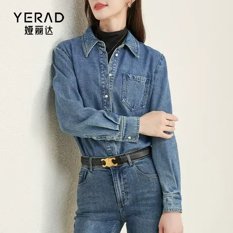 娅丽达蓝色牛仔衬衫外套女2023秋冬新款加厚内搭上衣休闲宽松衬衣商品大图