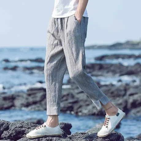 九分裤男亚麻休闲裤夏季潮中国风宽松棉麻小脚裤男装9分哈伦裤子商品大图