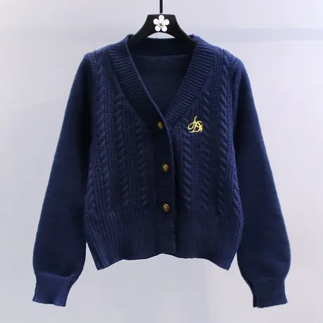 学院风V领针织开衫女春季2023年新款刺绣麻花设计感小众毛衣外套图片