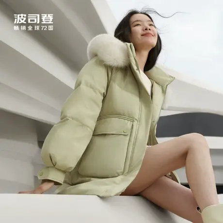 波司登奥莱女士短款连帽天然狐狸毛领双重门襟防风保暖羽绒服外套商品大图