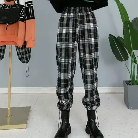黑白格子裤女高腰显瘦垂感休闲春秋冬季2023新款加绒哈伦萝卜裤子商品大图