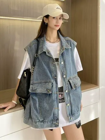 复古牛仔马甲女宽松秋季新款港风外穿背心潮流韩版百搭显瘦外套潮商品大图