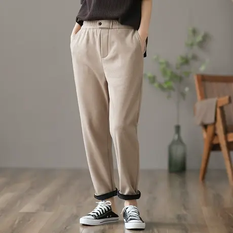 dza 高腰显瘦休闲加绒裤子女冬新款加厚宽松阔腿裤百搭复古直筒裤商品大图