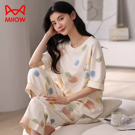 猫人睡衣女款夏纯棉短袖七分裤女士家居服套装薄款透气睡觉可外穿商品大图