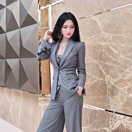 VJE秋季修身格子西装外套女新款英伦风格纹时尚休闲小西服潮图片