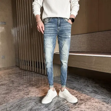 2023秋装新品修身潮流牛仔裤男时尚复古做旧破洞小脚男士弹力长裤图片