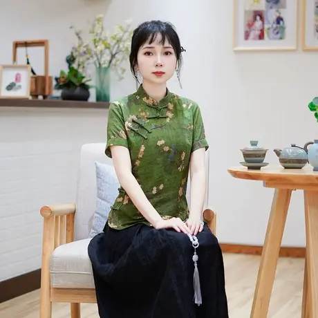 筠雅夏季新款简约清新旗袍式上衣唐装女改良版修身复古素衣24J172商品大图