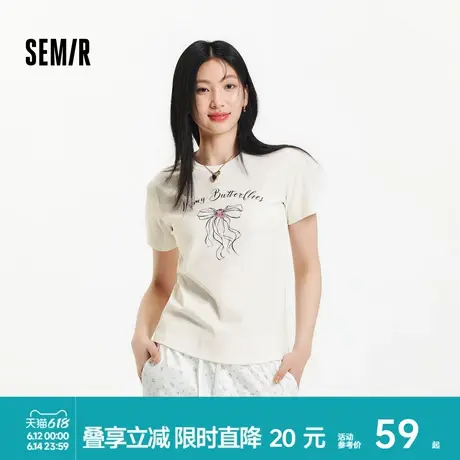 森马短袖T恤女圆领印花打底衫温柔甜妹夏季蝴蝶结衣服甜美风小众图片