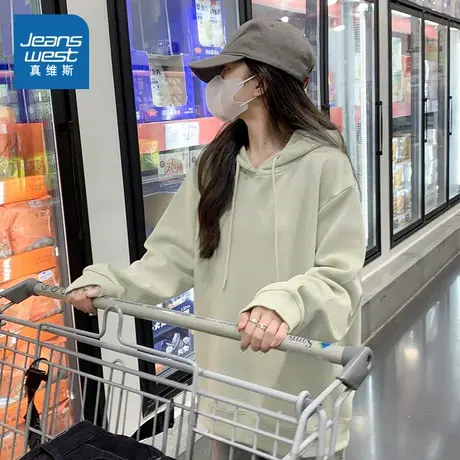 KMV真维斯连帽卫衣外套女灰绿纯色上衣2025新款春秋韩系时尚衣服商品大图