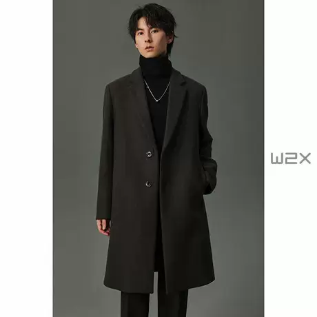 w2x2024冬季新款平驳领加厚羊毛呢大衣男中长款妮子外套青年风衣图片