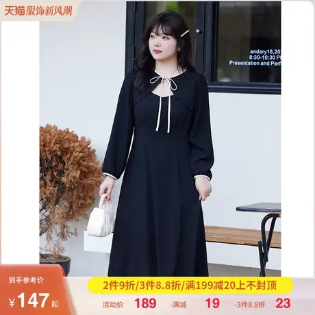2023秋季新款大码女装假两件套垂坠感连衣裙长袖显瘦胖MM小黑长裙图片