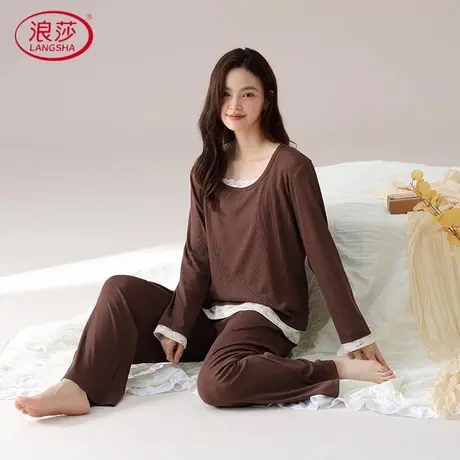 浪莎睡衣女春秋款纯棉长袖2025新款秋季薄款简约纯色家居服套装商品大图