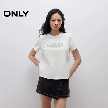 ONLY2025夏季新款舒适正肩经典圆领字母刺绣串珠装饰短袖T恤女图片
