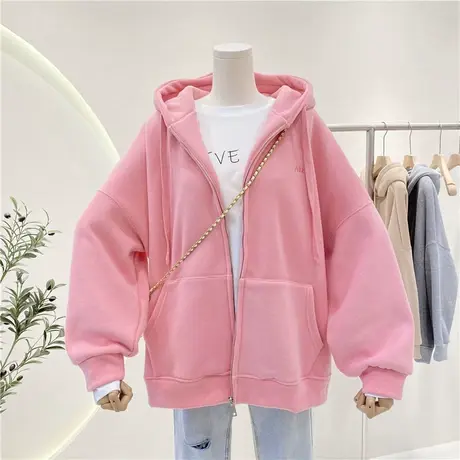 卫衣女加绒加厚2021秋冬新款拉链开衫韩版宽松大码刺绣外套上衣潮商品大图