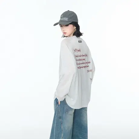 美式复古T恤女长袖夏季2025新款宽松轻薄微透防晒罩衫慵懒风上衣图片