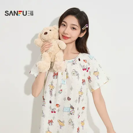 三福女秋季趣味卡通图案开扣短袖睡裙 休闲宽松家居服女504527商品大图