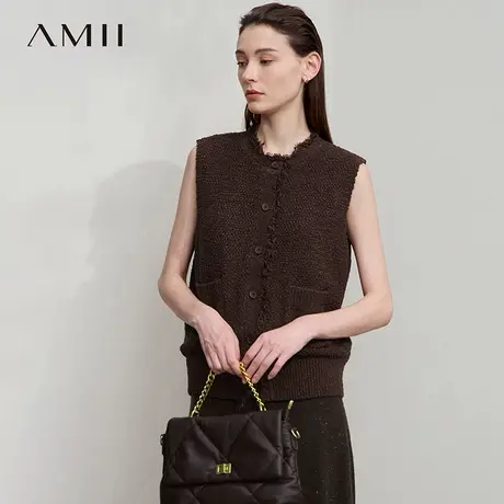 Amii2025秋新款优雅复古香风肌理感流苏针织马夹女宽松无袖上衣图片