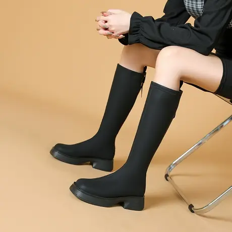 不过膝长筒靴女2023年新款秋冬厚底瘦瘦靴粗跟高筒靴小个子平底靴图片