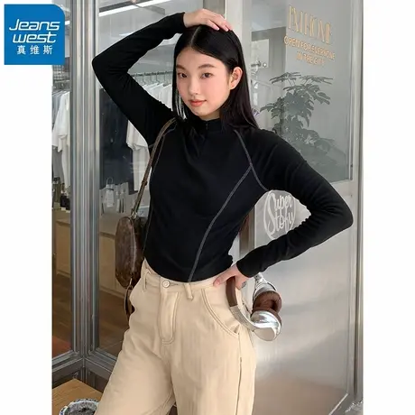 KHV真维斯黑色半开衫打底衫女秋2025新款韩系漂亮上衣内搭长袖t恤商品大图