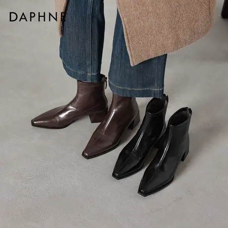 达芙妮粗跟短靴女2026新款春季加绒英伦风马丁靴尖头瘦瘦切尔西靴商品大图