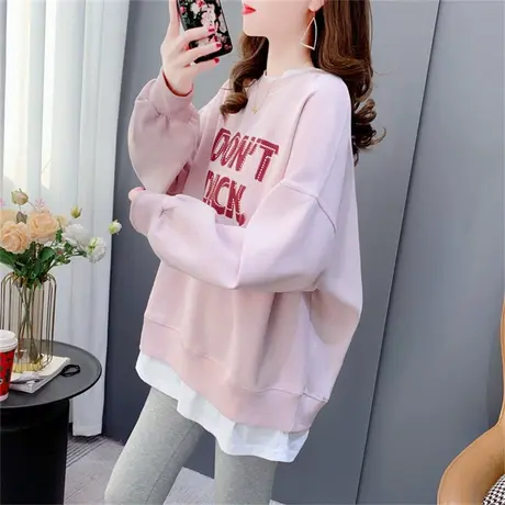 假两件圆领卫衣女春秋2023年新款韩版宽松慵懒风简约洋气百搭上衣商品大图