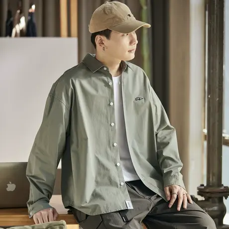 唐狮长袖衬衫男装春秋款港风日系休闲宽松衬衣运动衬杉痞帅外套潮图片