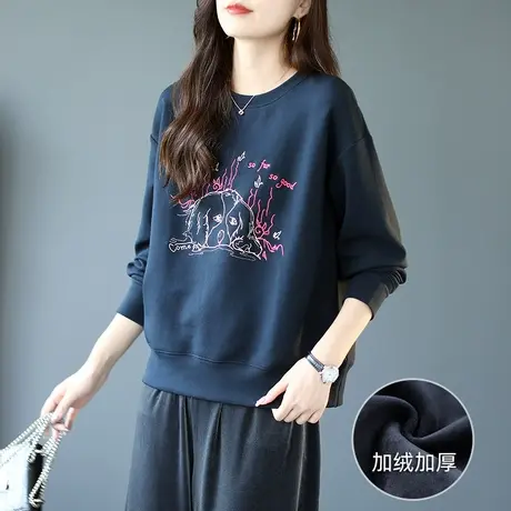 宝诗黎新款圆领刺绣落肩短款上衣加厚2023棉质长袖加绒卫衣女冬季图片