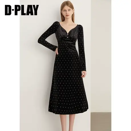 DPLAY2023年冬新定制金属钻扣V领黑色高腰长款礼服裙连衣裙图片
