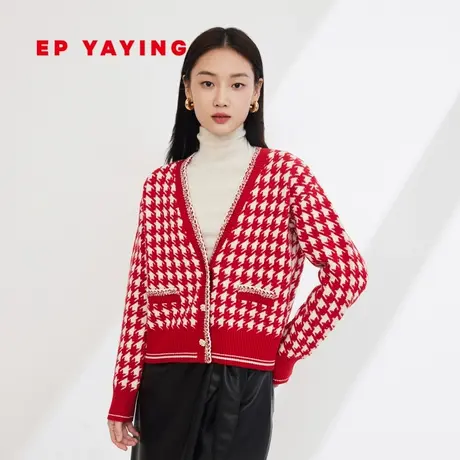 EP雅莹女装 绵羊毛红色小香风针织开衫外套红毛衣 秋冬新9107A图片