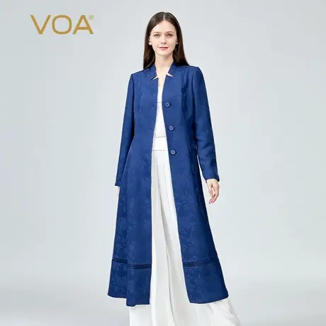 VOA真丝深蓝色38姆米重磅提花立领斜插口袋三粒扣长款桑蚕丝外套商品大图
