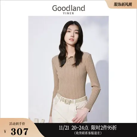 Goodland美地女装冬季长袖修身套头竖条纹毛衣polo领针织衫上衣商品大图