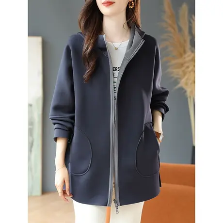 宝诗黎连帽两面穿外套女2024春秋季新款纯色长袖大码宽松拉链开衫商品大图