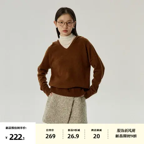 omont蛋挞家 复古全羊毛连帽针织衫2023冬季新款v领套头毛衣上衣图片